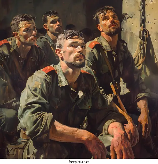 Four soldiers in green uniform with red scarf