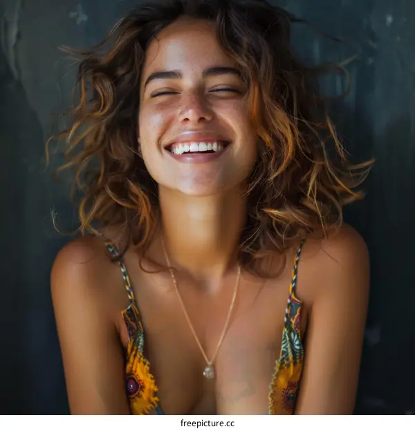 A Happy Young Woman With Curly Hair
