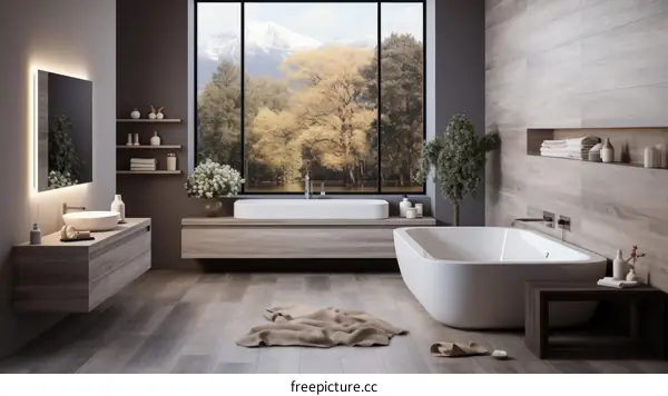 Bathroom interior with large windows and beautiful view of mountains and trees