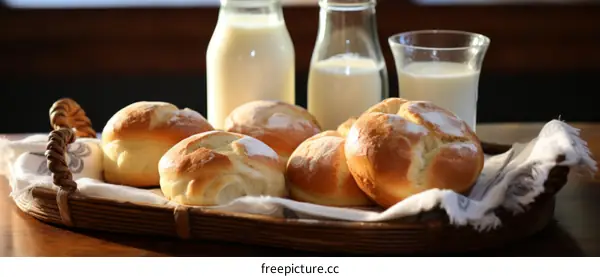 Freshly baked bread rolls with milk bottles in the background
