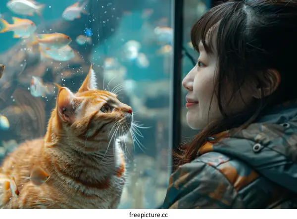 A ginger cat and a woman looking at an aquarium