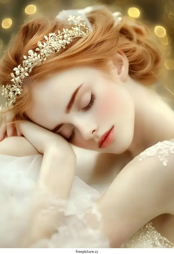 Sleeping Beauty in White Dress with a Crown