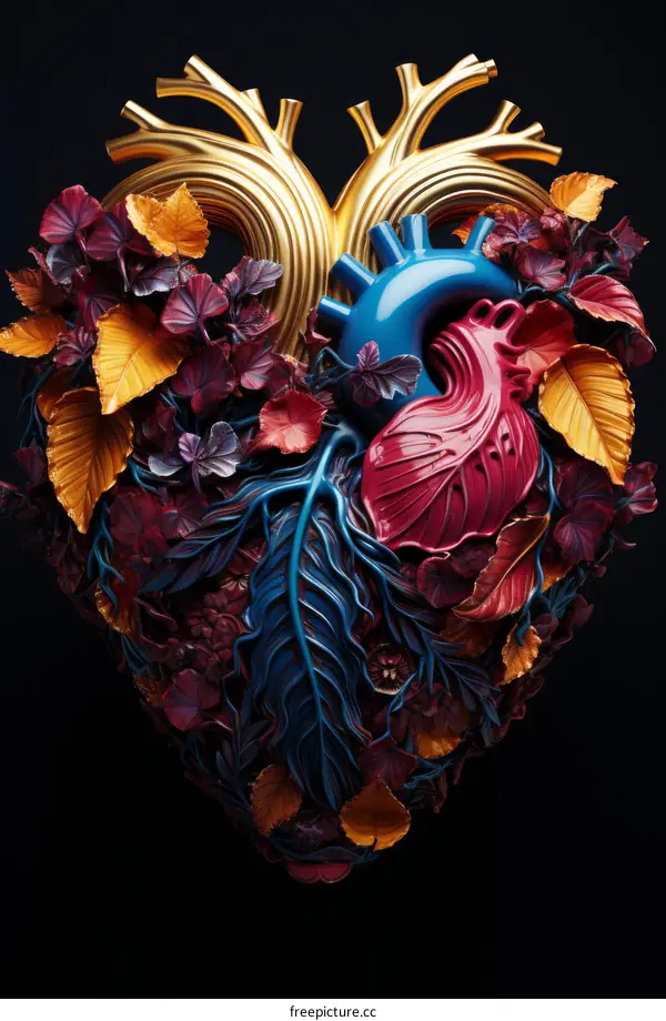 Surreal Crystal Heart Illustration with Surrounding Vines and Foliage