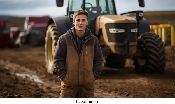 Young farmer standing in front of his tractor