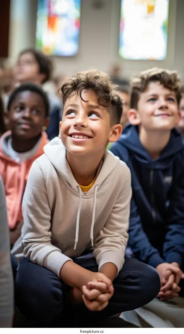 A group of children are sitting on the floor in a classroom. They are looking up at something with smiles on their faces.