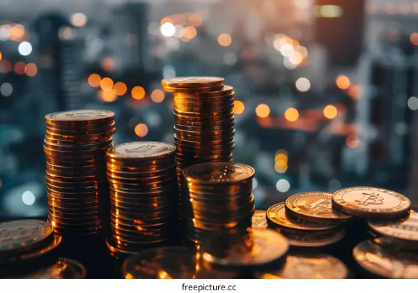 Golden Bitcoin Stacks on Cityscape Background