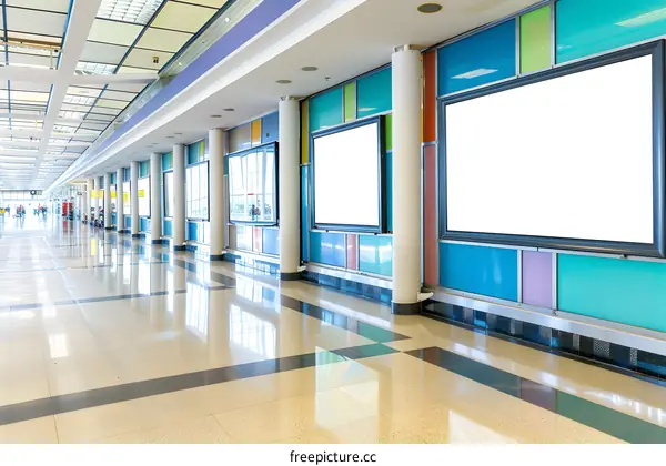 Empty Hallway With Blank Advertisement Screens