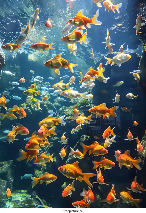 A large school of goldfish swim in a blue-green water tank
