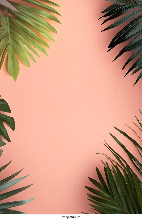 Tropical Leaves on Pink Background Minimalist Flat Lay