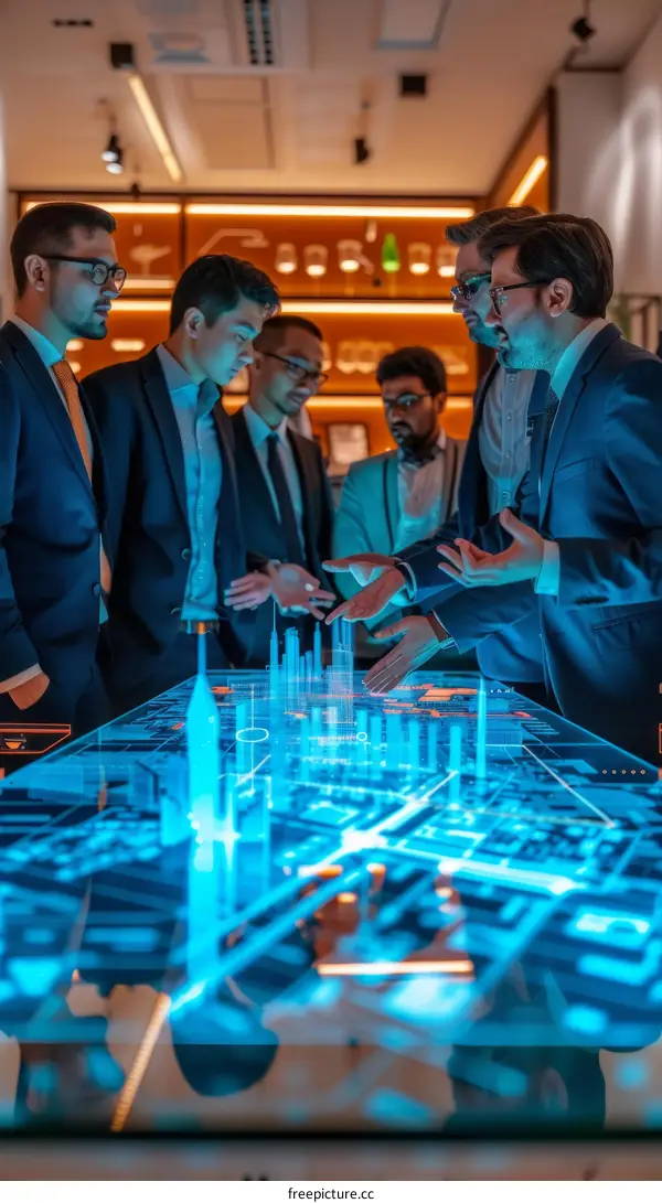 Businessmen discussing a project using a holographic display
