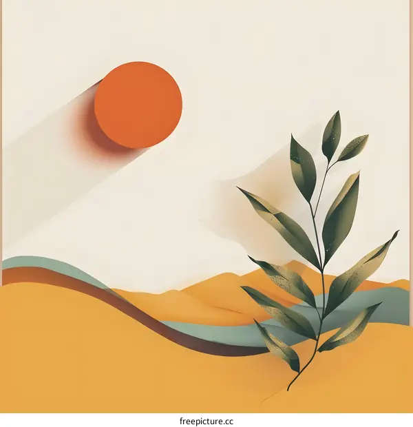 Abstract Minimalist Illustration with Sun and Leaves
