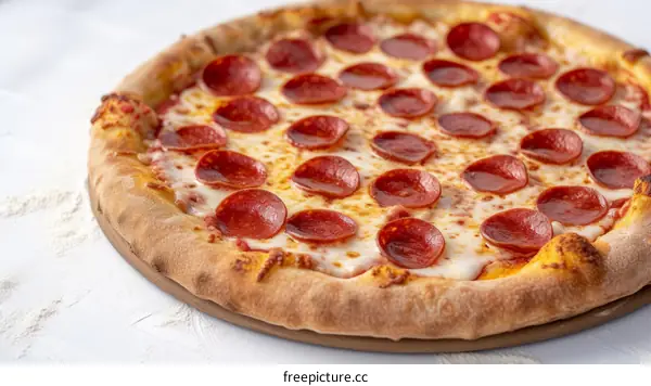 A delicious pepperoni pizza sits on a table covered in flour