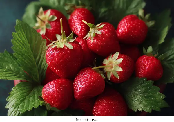 Close-up View of Fresh Strawberries with Leaves