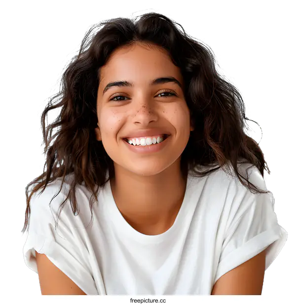 [Transparent Background PNG]Portrait of a Young Woman with Curly Brown Hair Smiling