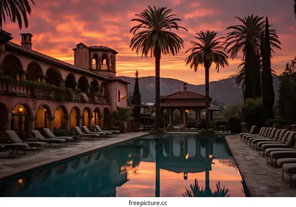 Palm trees and a villa with a pool at sunset