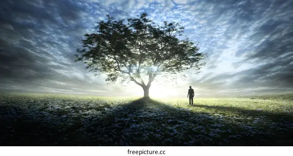 Silhouette of a Person Standing Near a Tree in a Field
