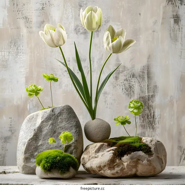 White Tulips in Stone Pots on a Rustic Background