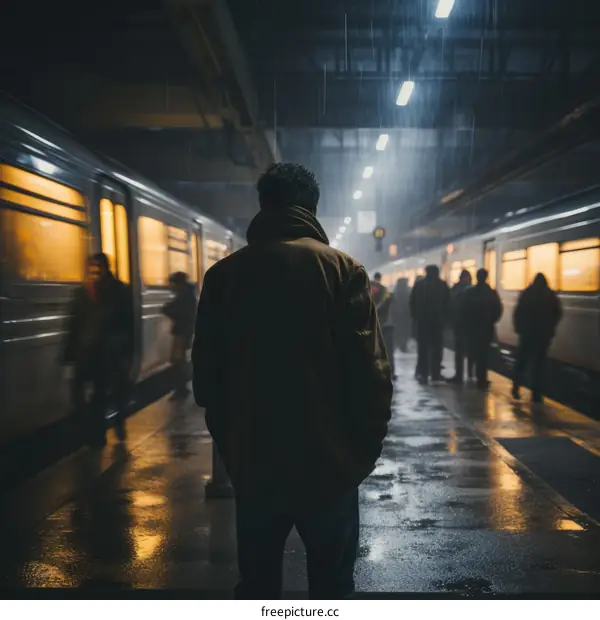 Man in a brown jacket standing on a subway platform with blurred people in the background