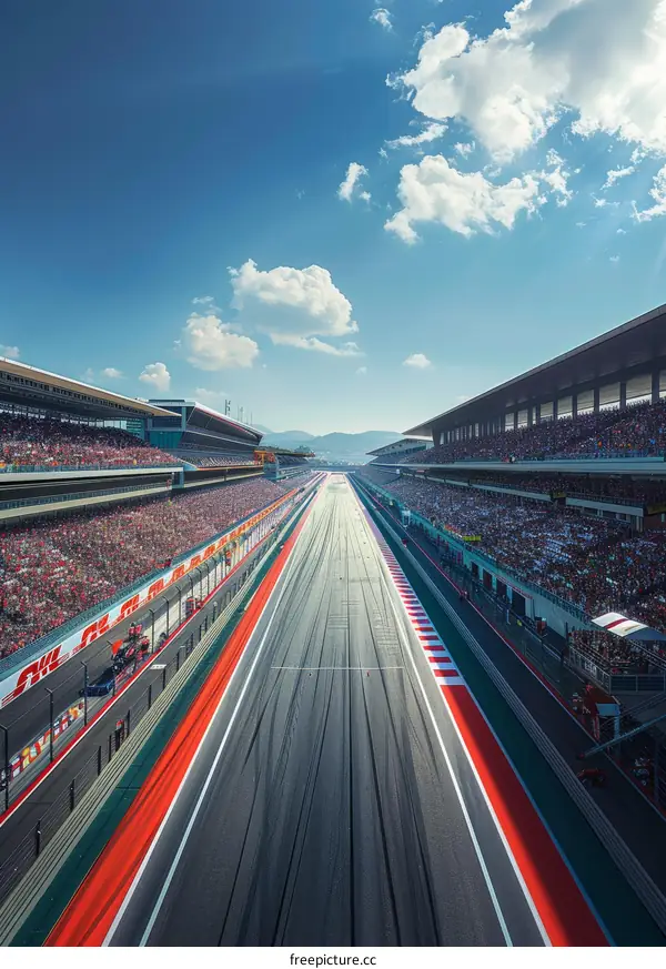 A bird's eye view of a Formula 1 race track with spectators in the stands