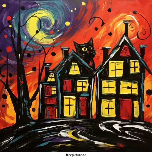 Black cat on the roof of a haunted house with yellow windows