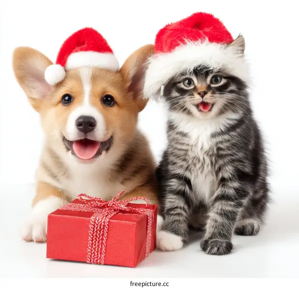Christmas Puppies and Kittens with Gift