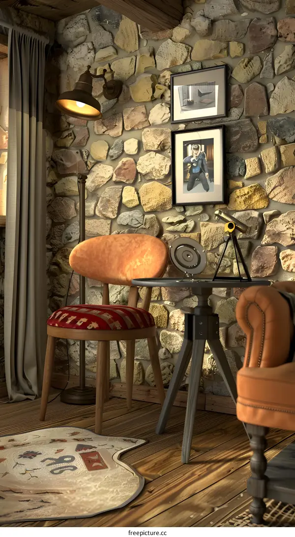 Cozy Stone Wall Living Room Interior Design With Wooden Floor