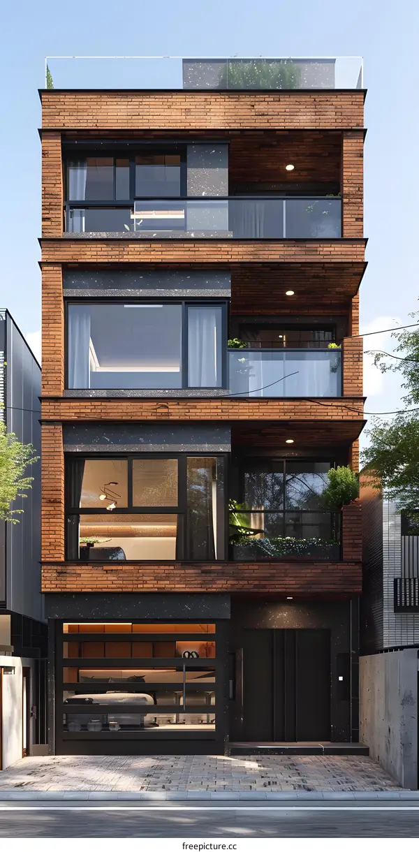 Modern Brick Building With Balconies And Garage Doors
