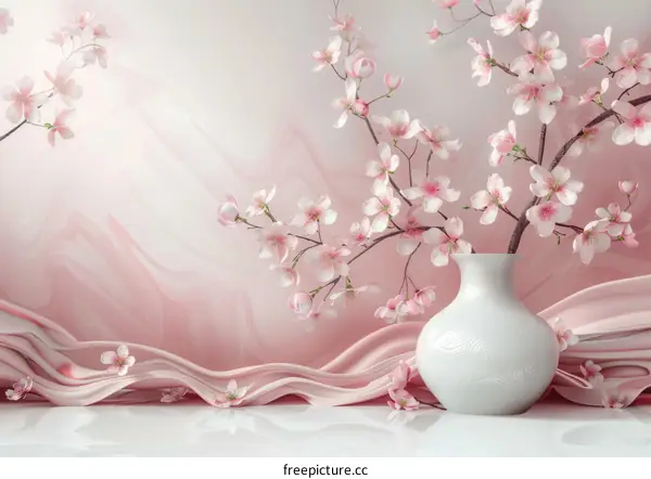 Pink Cherry Blossoms in Vase Still Life Illustration