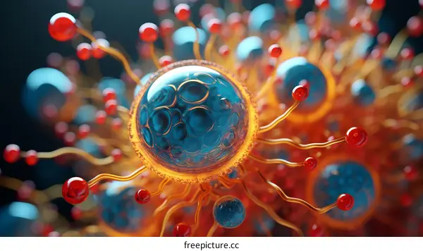 Blue and orange illustration of a virus
