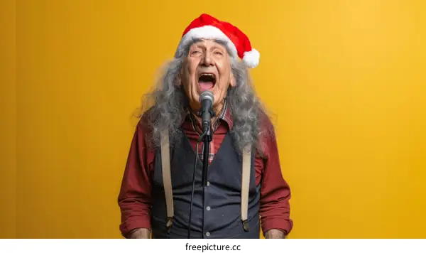 Portrait of a Senior Man Wearing a Santa Hat and Suspenders While Singing