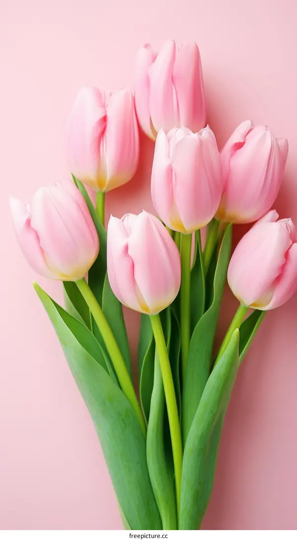 A bouquet of pink tulips on a pink background