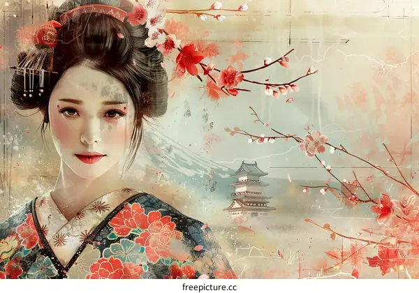 A beautiful Japanese woman in a kimono with cherry blossoms
