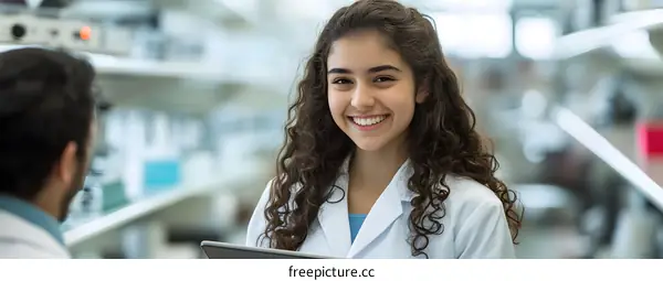 Smiling Young Woman in White Lab Coat Looking at Camera in a Laboratory