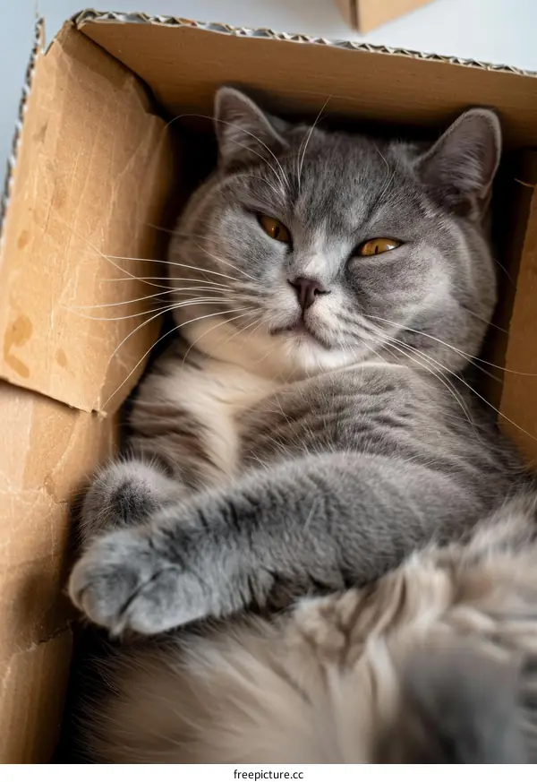 A gray cat is lying in a cardboard box