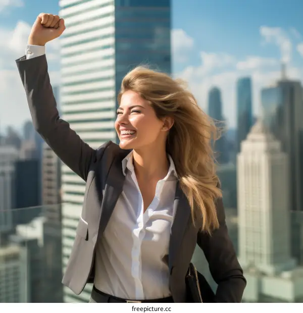 Successful businesswoman celebrating her achievement in the city