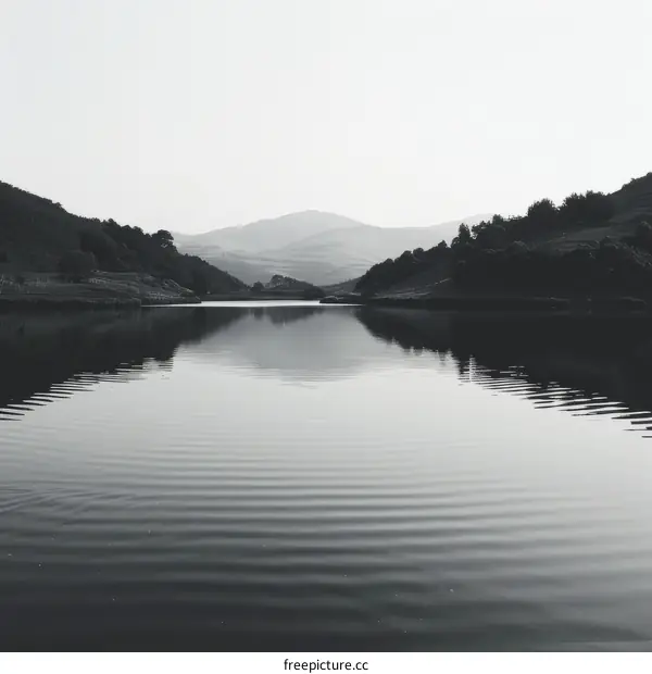 Serene Mountain Lake Reflection in Black and White