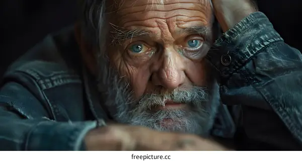 Portrait of an old man with a beard and blue eyes