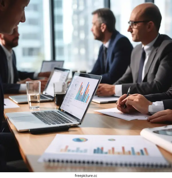 Business meeting discussing data and graphs with a laptop on the table
