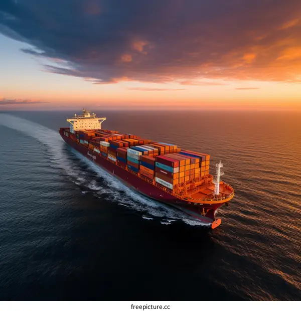 A large container ship sails through the ocean at sunset