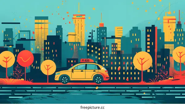 Cityscape Illustration with Yellow Taxi