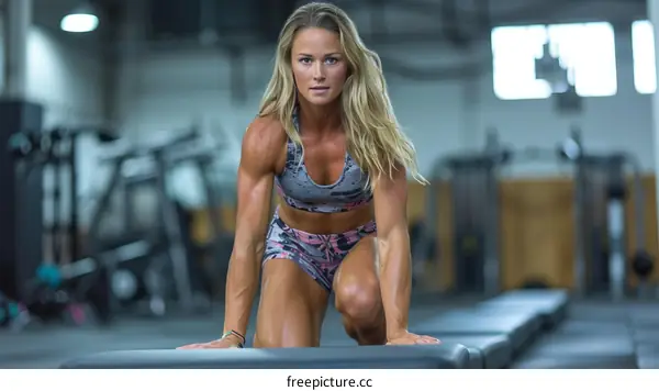 Muscular blonde woman with ponytail kneeling on exercise bench in gym