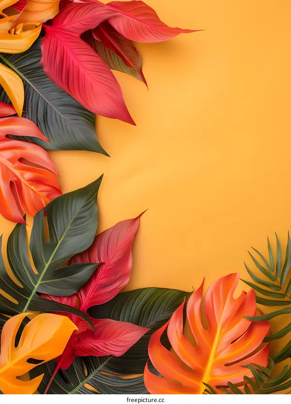 Tropical Leaves Flat Lay with Yellow Background