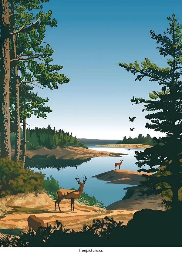 Beautiful Landscape Painting with Deers and a River