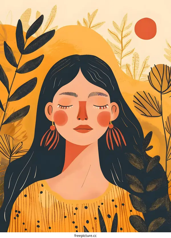 Woman with Closed Eyes in a Garden Illustration
