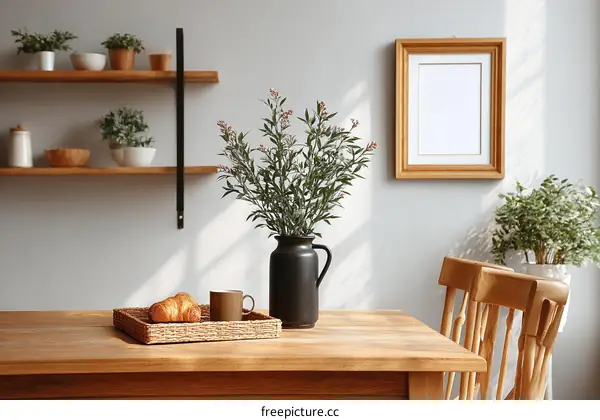 Wooden Table with Plants and Empty Frame in Modern Kitchen