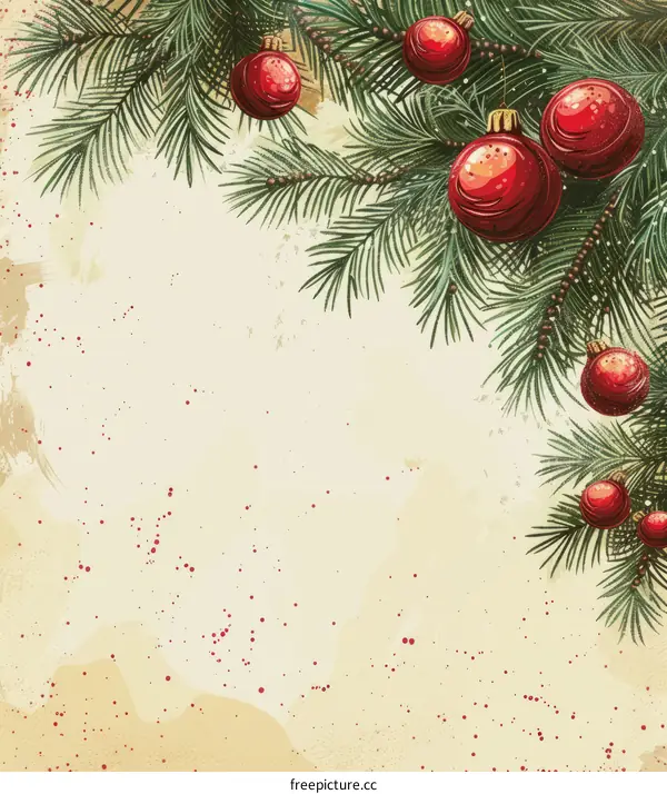 Vintage Christmas Background with Fir Branches and Red Balls