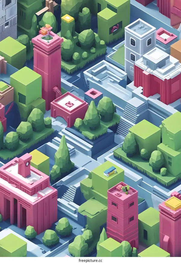 Low Poly Cityscape Illustration with Buildings and Trees