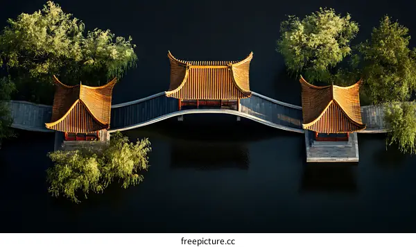 Chinese Traditional Architecture on a Water Bridge