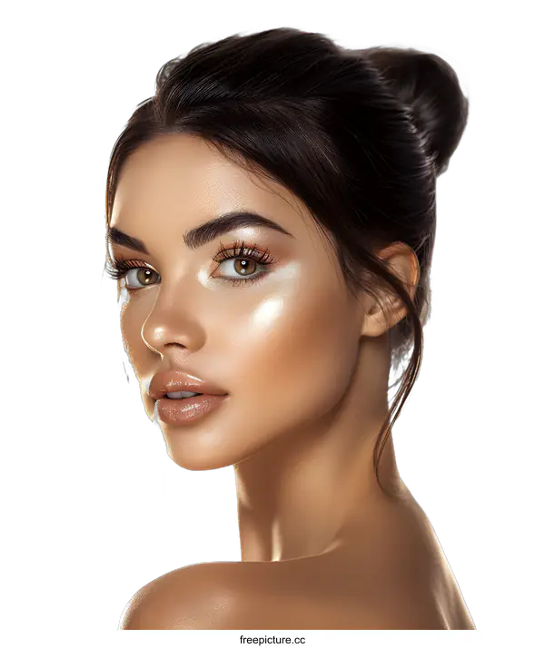 [Transparent Background PNG]Beautiful Woman with Shiny Makeup and  Hair in Bun