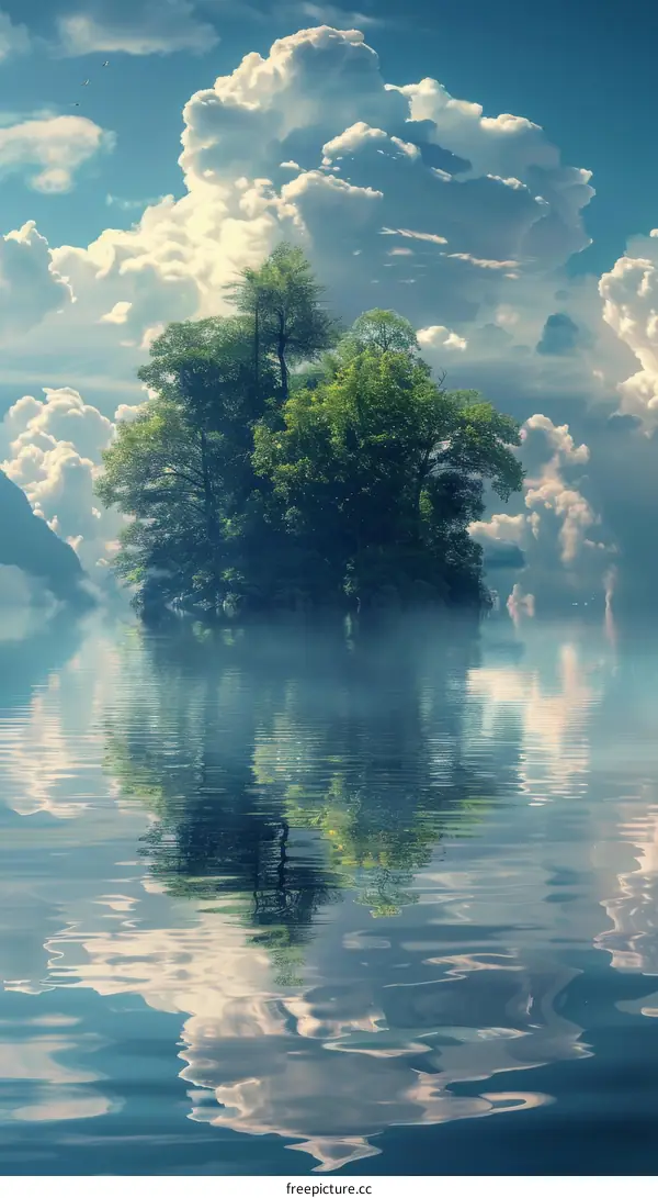 Lake Reflection of Blue Sky and Green Trees with White Clouds
